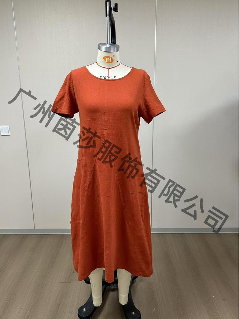 2025 Sommer Heißer Verkauf Lockeres Baumwoll-Leinen Kurzarmkleid in Unifarben