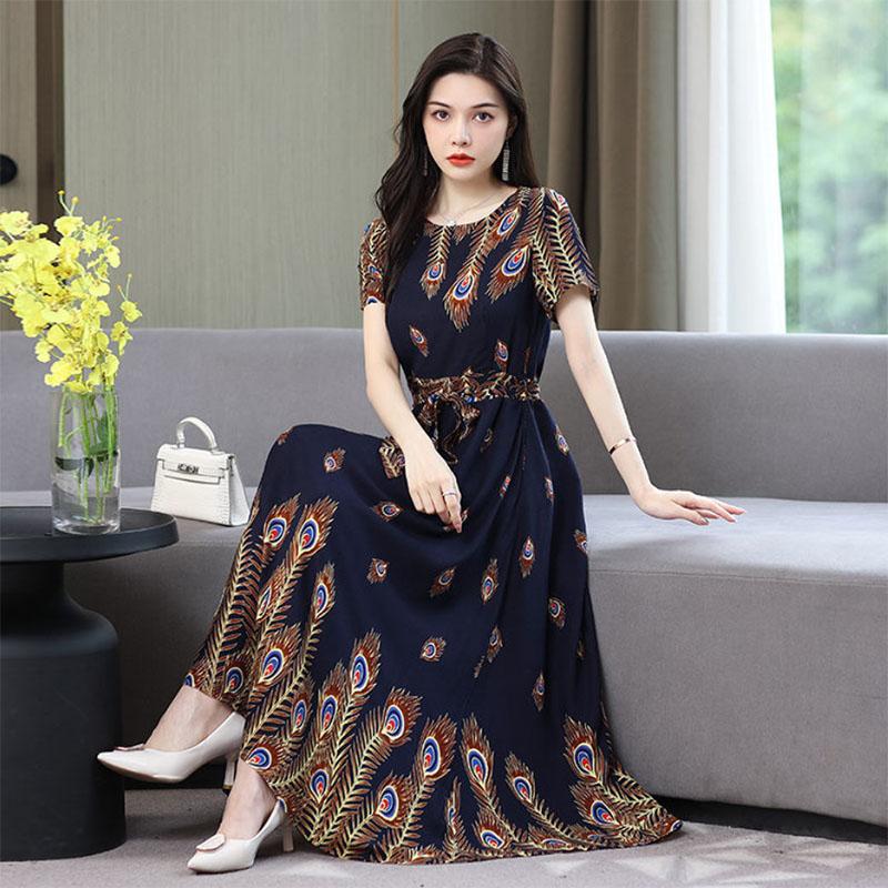 Cotton Silk Dress Female Mother's Dress Western Style Middle-aged and Elderly Plus Size Large Swing Skirt