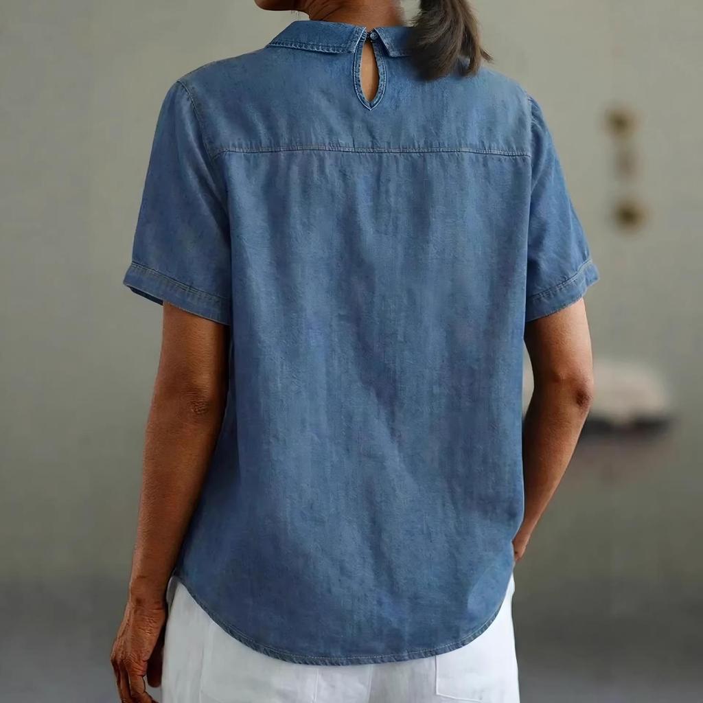 2026 European Spring/Summer Women's Casual Loose Lapel Faux Denim Short Sleeve Shirt