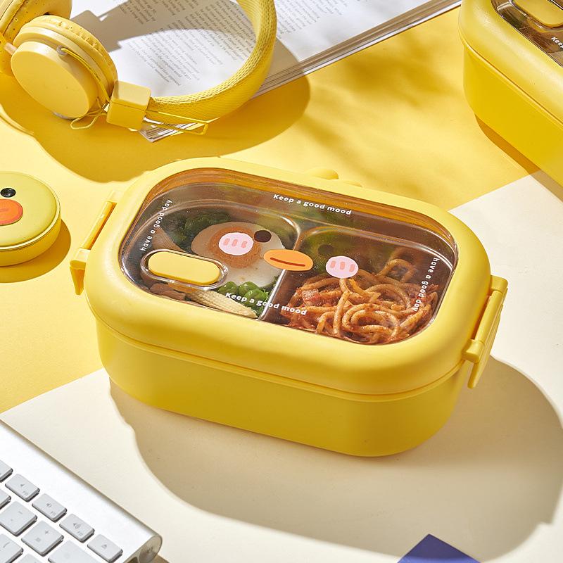 Children's Cartoon Duck Insulated Stainless Steel Bento Lunch Box with Compartments for Students and Office Workers