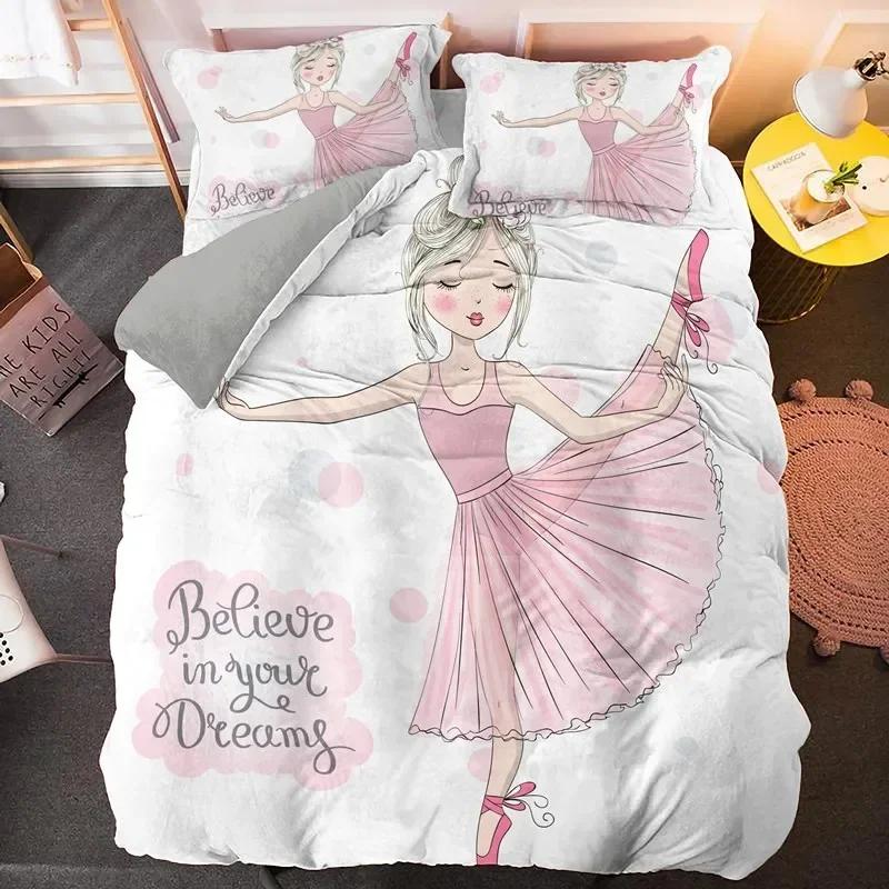 Ballet Dancer Girl Cartoon Dancing Comfortable Duvet Quilt Cover Pillowcase Bedding Set Children Bedroom Decoration Home Textile