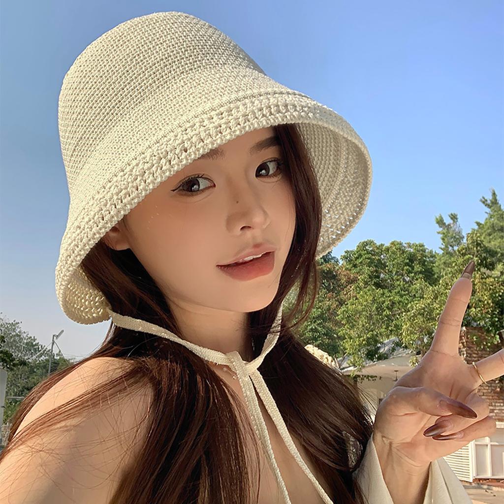 Women's Wide-Brim Straw Hat Summer Breathable Windproof Strap Bucket Cap Ladies Girl Beach Travel Foldable Sunshade Hats