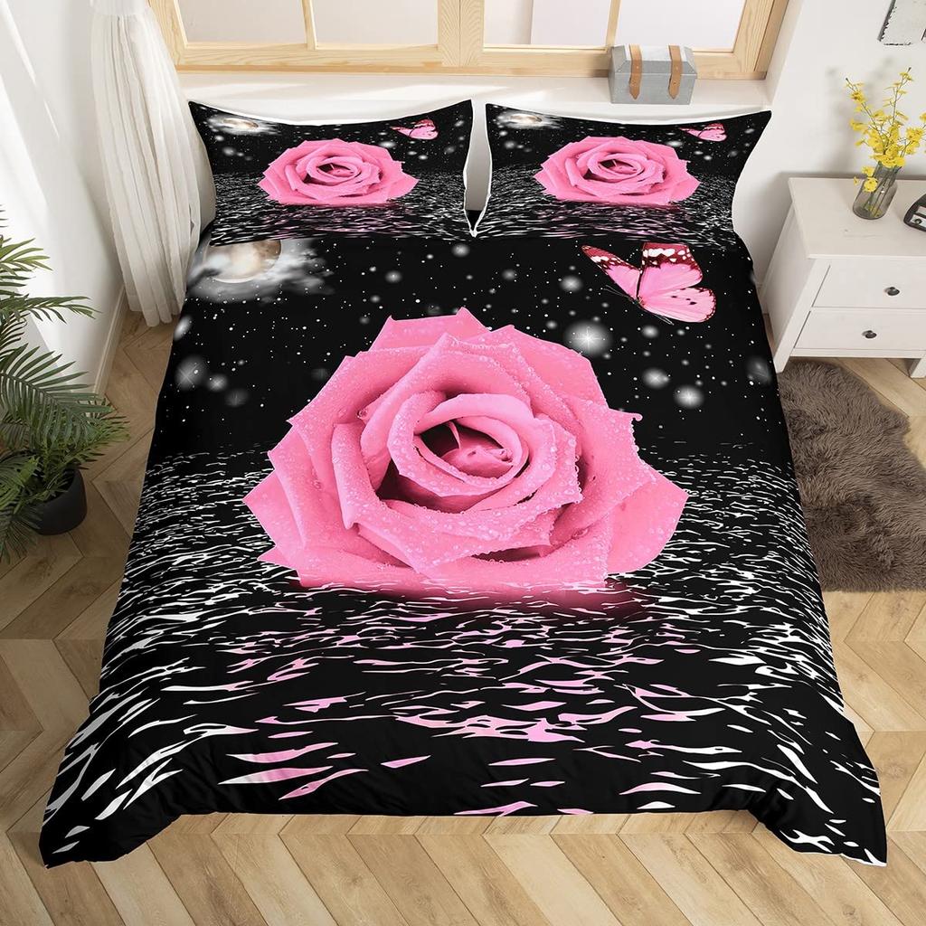 Golden Red Rose King Queen Duvet Cover Romantic Floral Bedding Set Valentine's Day Flowers Quilt Cover Polyester Comforter Cover