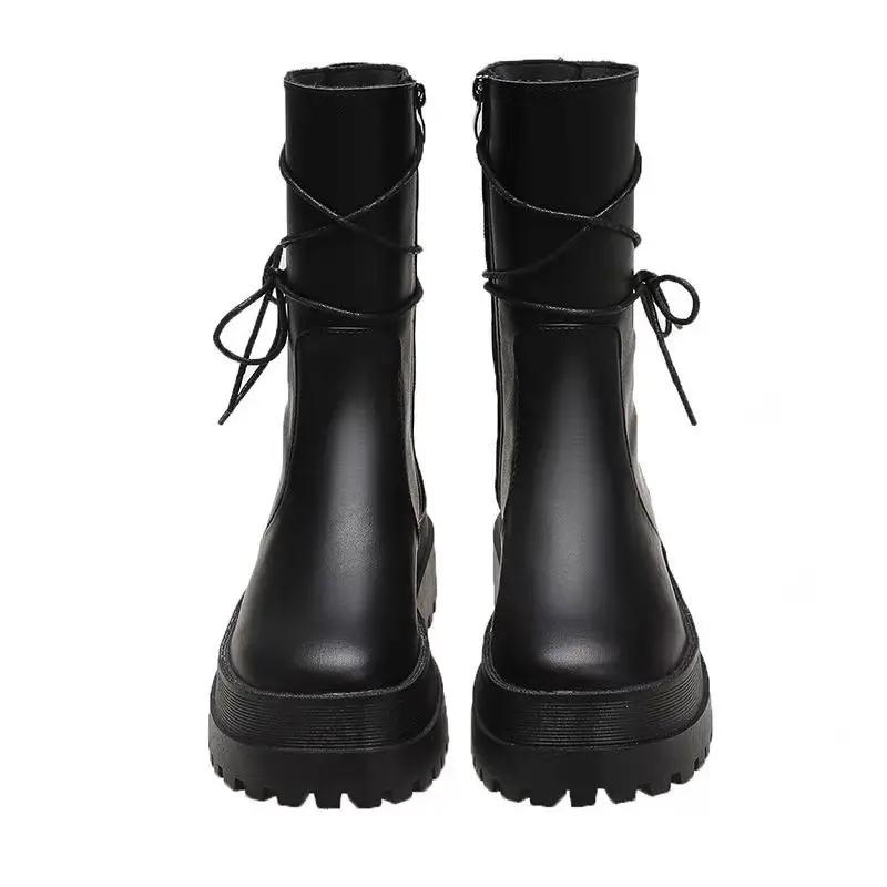 Fashion Soft Leather Thick Sole Women's Boots New Short Boots Women's Shoes Side Zipper Rider Boots Back Lace-Up Middle Boots
