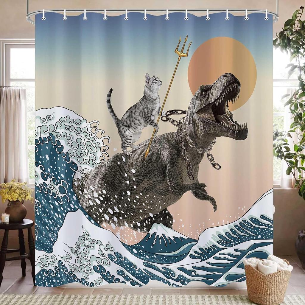 Funny Cat Printed Shower Curtain Cute Dinosaur Ocean Wave Nautical For Bathroom Decor