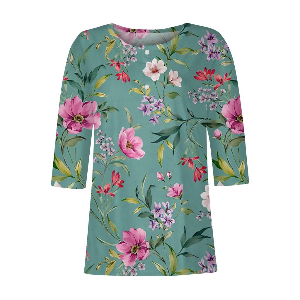 Women's Fashion Casual 3/4 Sleeve Buttons Print U-Neck Pullover Top Blouse