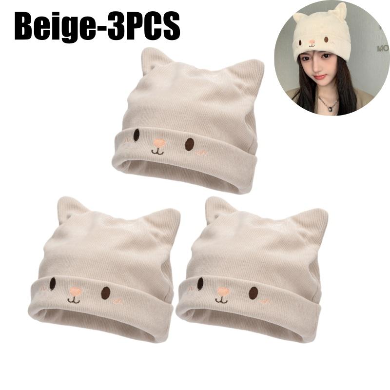 Damen Gemütliche Gestrickte Slouchy Mütze mit Entzückender Katzenohren-Stickerei Winter Warm Dehnbar Beanie für Damenmode