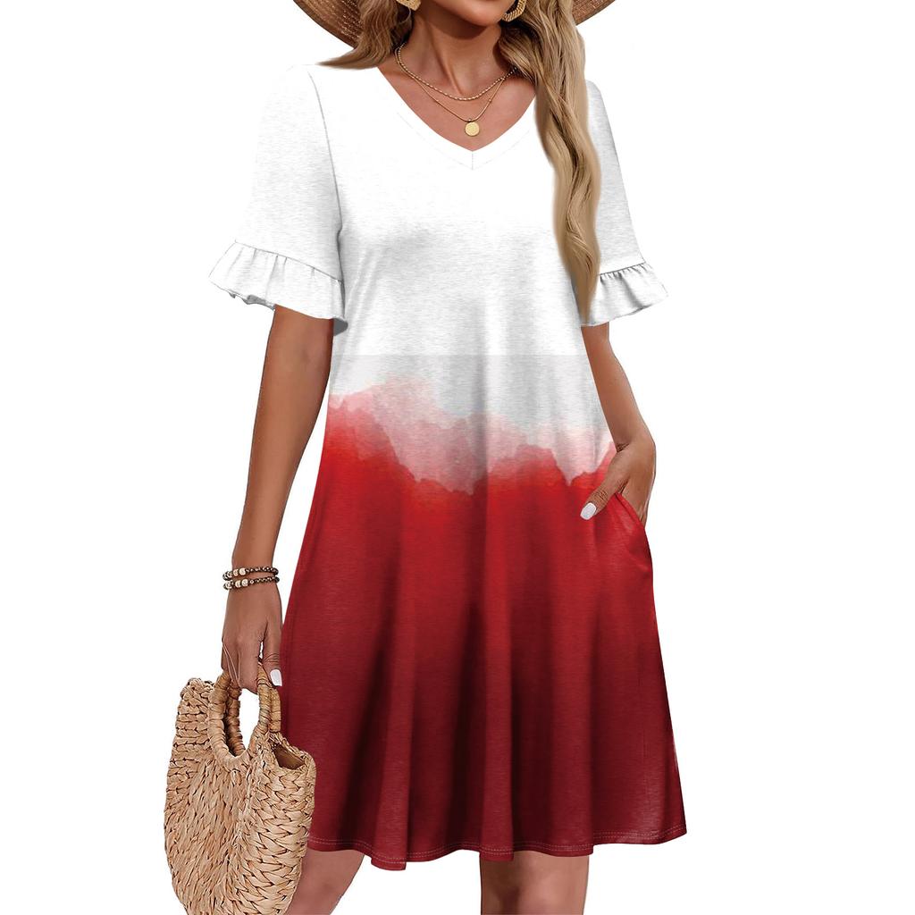 Damen A-Linie Sommerkleid Kurzarm V-Ausschnitt Bedrucktes Kleid Mit Taschen