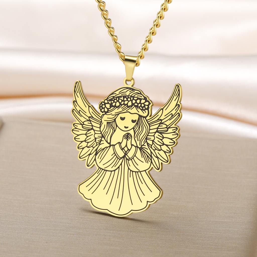 Gold Plated Praying Angel Necklace for Women Stainless Steel Guardian Angel Pendant Necklace Spiritual Religious Jewelry Gift
