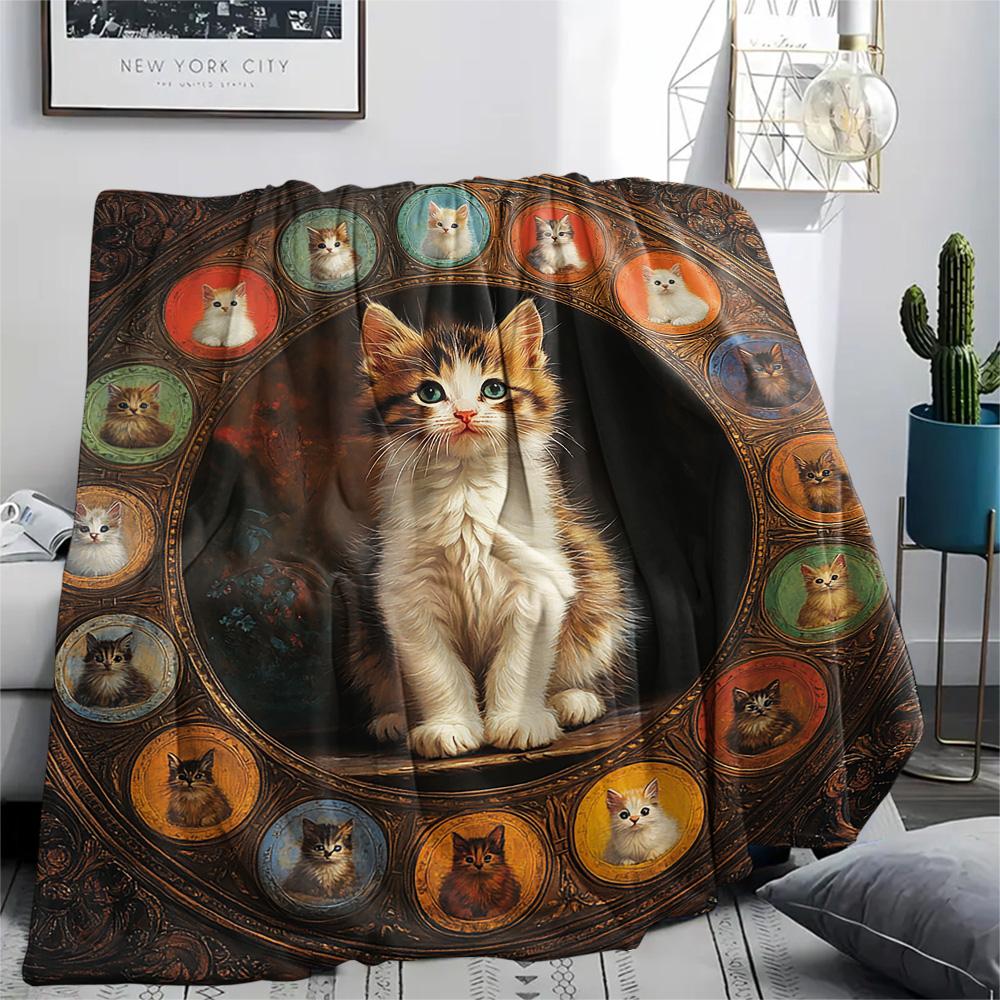 Tabby Cat Print Flannel Blanket, High quality Comfortable for All Seasons, Home Decor, Warmth and Comfort, Perfect for Christmas Gifts