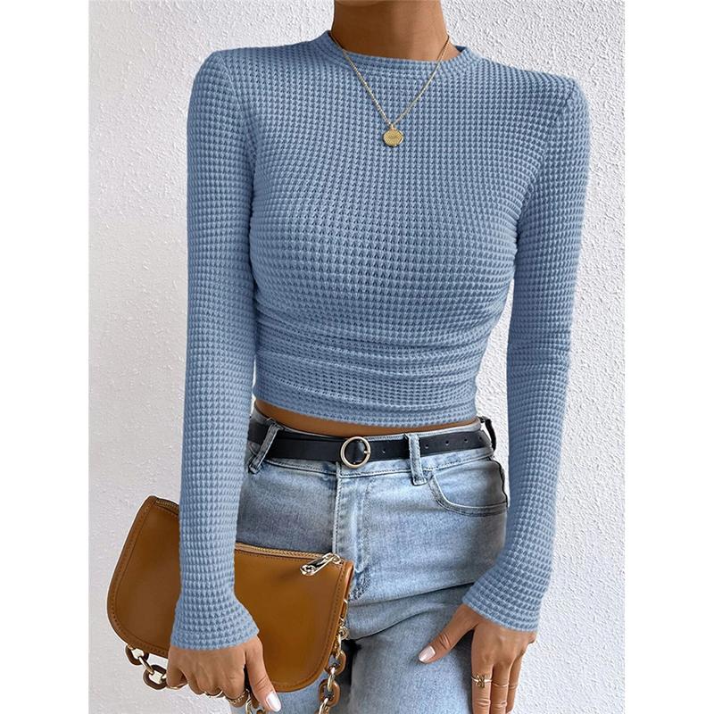 Женские вязаные плиссированные кроп-топы однотонные с длинным рукавом сбоку футболка уличная одежда с длинным рукавом облегающая рубашка для катания на лыжах футболка уличная одежда