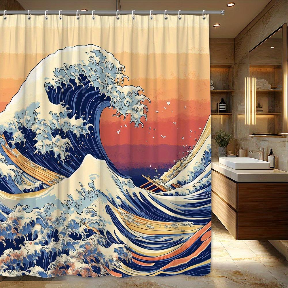 

1 Piece Japanese Wave Shower Curtain With Powerful Ocean Wave Pattern, Orange Red Sky Ukiyo-E Style Polyester Fabric W60H190(CM)-1 Pcs