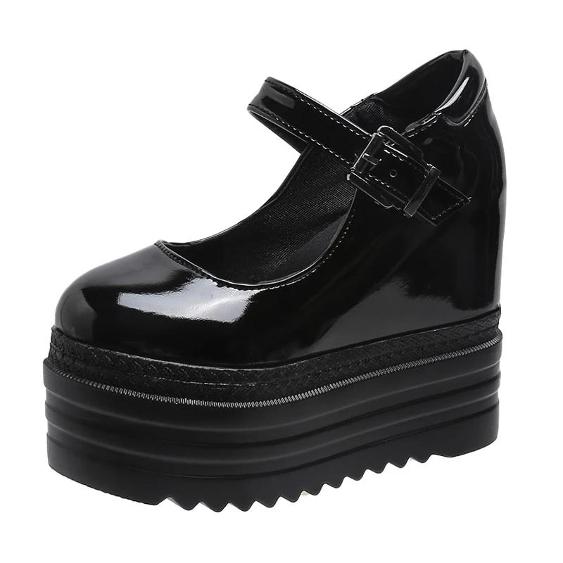 

Модные женские туфли-лодочки на платформе с высокой танкеткой 12,5 см, повседневные женские туфли в готическом стиле в стиле панк со шнуровкой и пряжкой, черные женские туфли с бабочкой 34