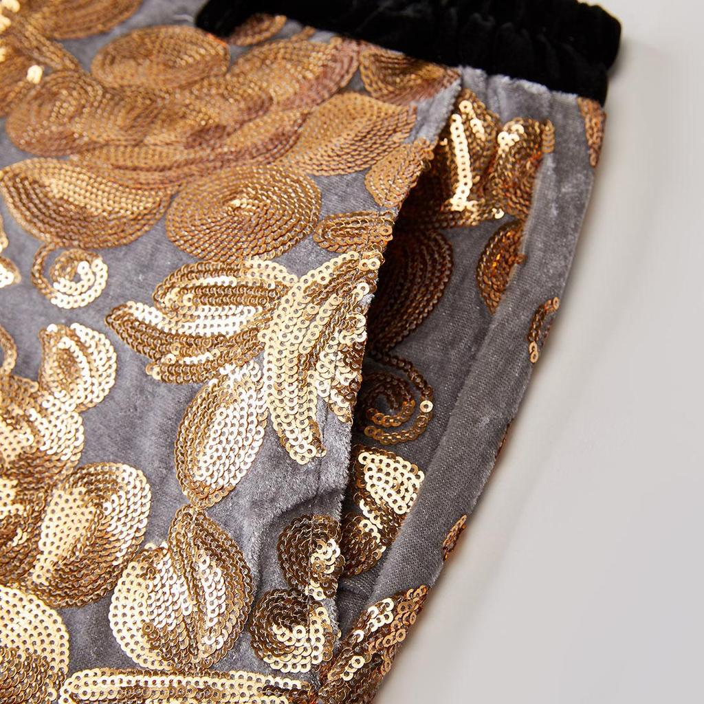 PYJTRL Mens Fashion Shiny Sequin Floral Pattern Pants Expandable Waist Trousers