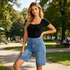 Shorts Jeans Stretch para Mulheres Cintura Alta Controle da Barriga Pull-on Shorts Jeans Verão Casual Comprimento do Joelho Jorts com Bolsos