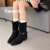 Cowhide~ Genuine leather retro square-headed Martin boots women's high-heeled locomotive boots temperament folded thick-heeled western cowboy boots