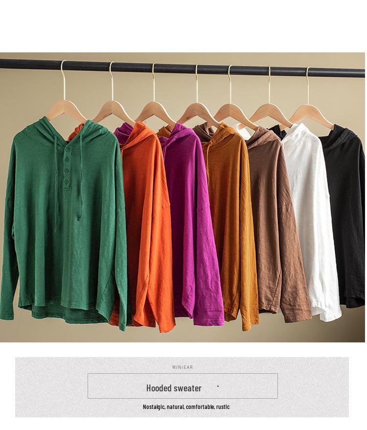 2025 Spring Retro Hooded Pullover: Women's Casual Loose Fit Solid Color Long Sleeve Sweatshirt