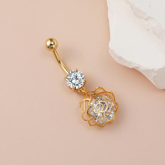 Belly Button Rings Stainless Steel Hollow Flower Dangle Body Piercing Jewelry Rhinestone Navel Ring for Women
