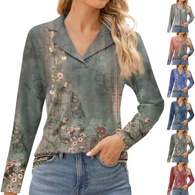 Women's Fashion Leisure Long Sleeve V Neck Flower Printing Top