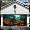 Modern-style Halloween garage door banner - creepy castle and pumpkin prints, durable polyester