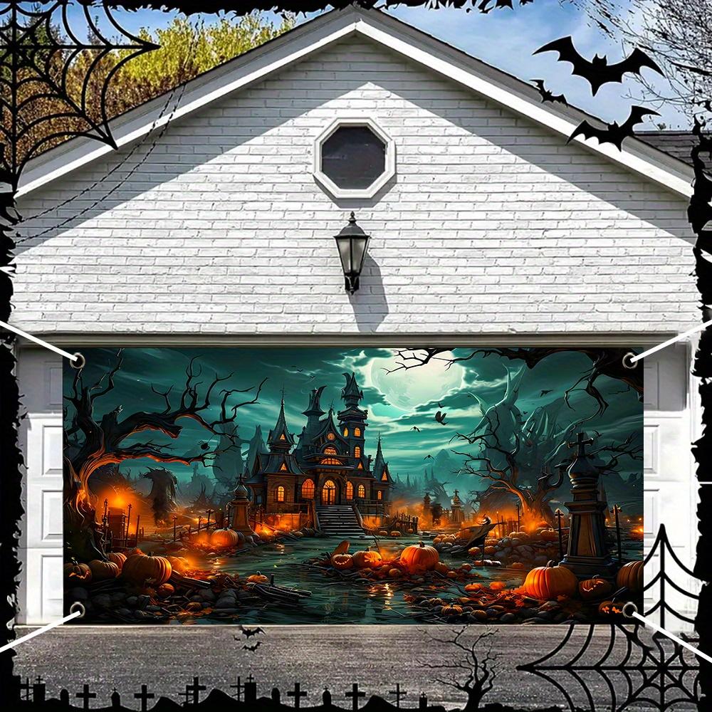 Modern-style Halloween garage door banner - creepy castle and pumpkin prints, durable polyester