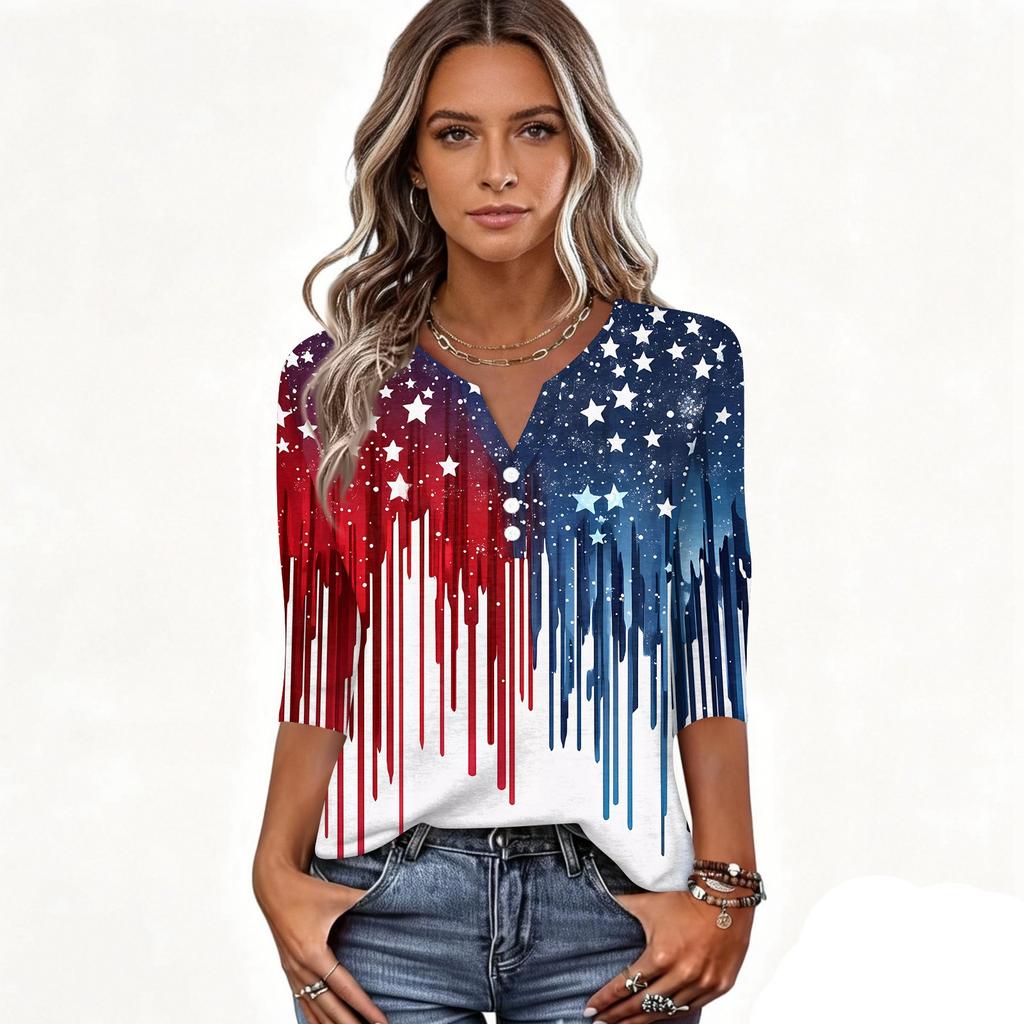 Damska Koszulka Dzień Niepodległości Nadruk Guziki Rękaw 3/4 Codzienna Weekendowa Modna Podstawa Dekolt V Regularny Top