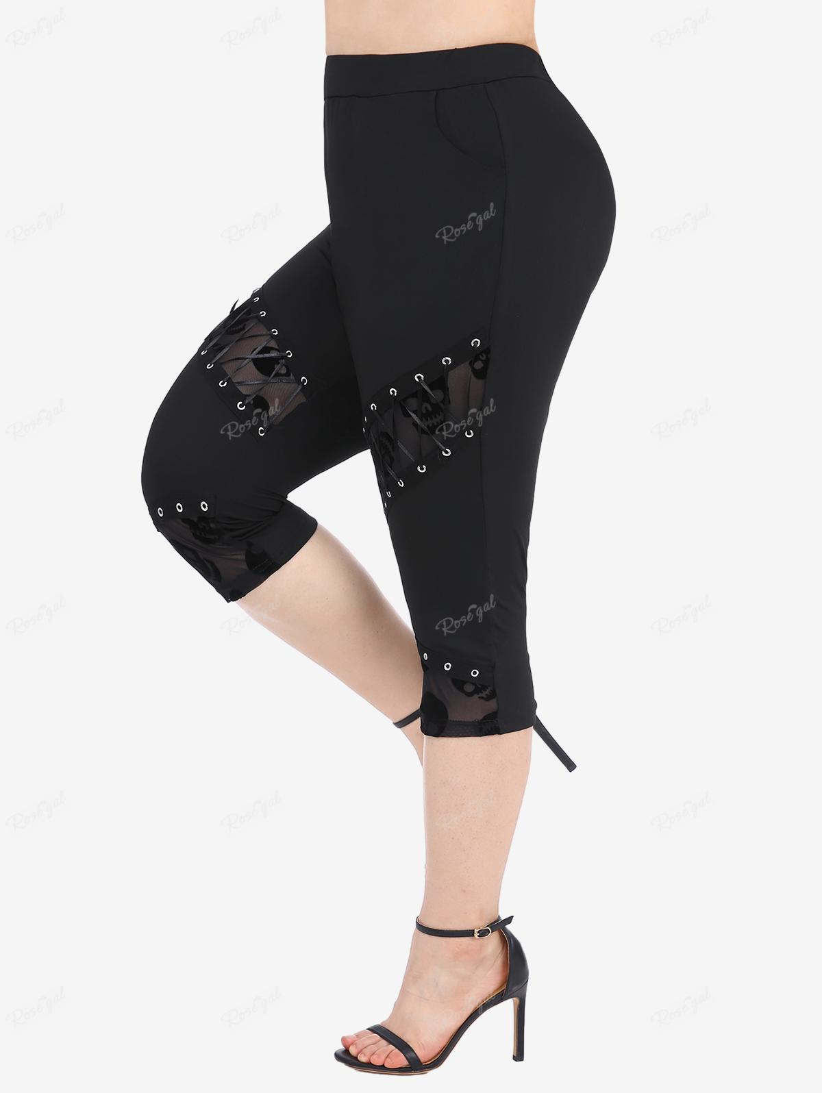 

Rosegal Большие размеры Черепа Флокированная сетка Лоскутная шнуровка Люверсы Карманы Капри Леггинсы