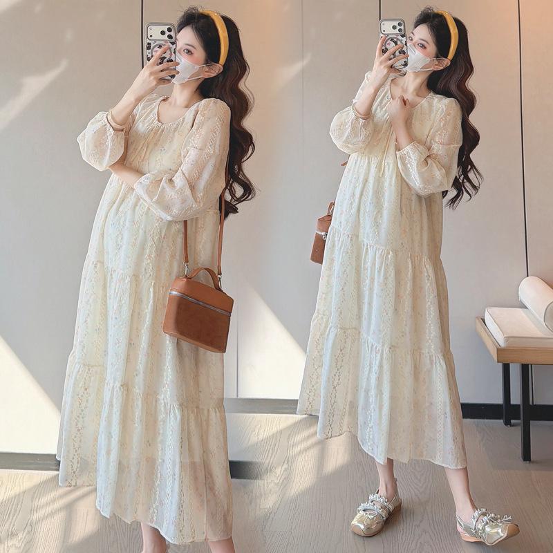 2026 Spring Fashionable Embroidered Korean-Style Sweet Maternity Long Dress