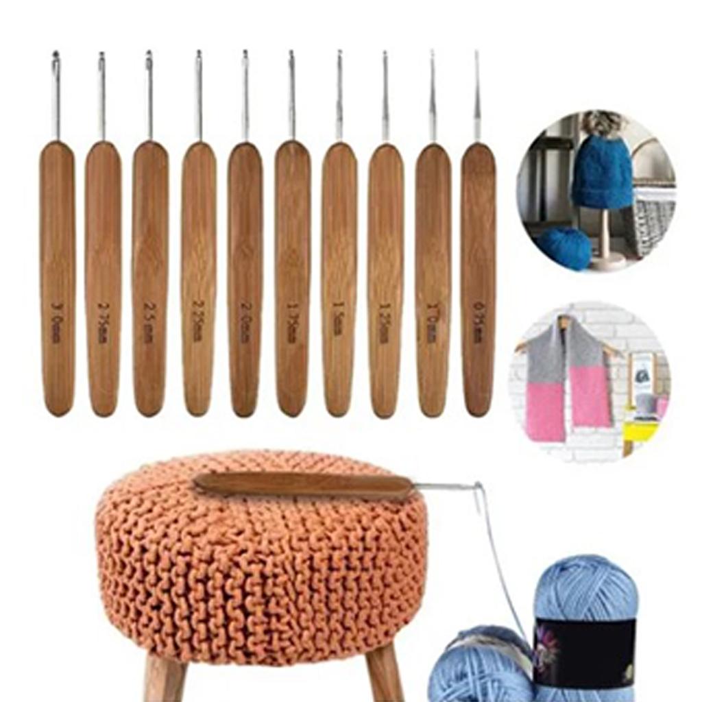 10pcs Crochet Hook Portable Practical Ergonomic Wooden Handle Metal Crochet Needle Knitting Tools
