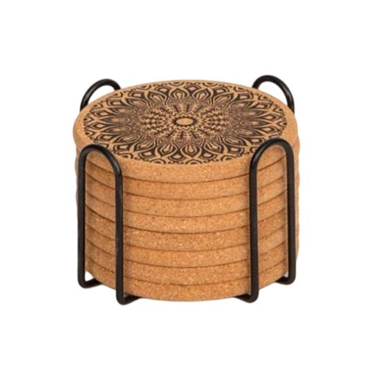 8Pcs Cork Coasters with Rack Round Retro Coasters Absorbent Heat-Resistant Table Mats Insulated Dining Placemats for Table Protection