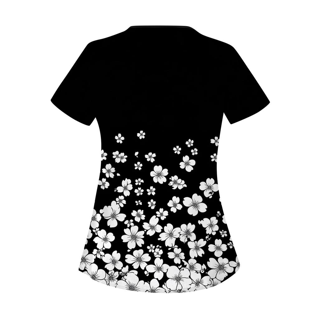 Dámské potištěné pracovní oblečení, šikmý límec a dvojité kapsy, základní top pulovr