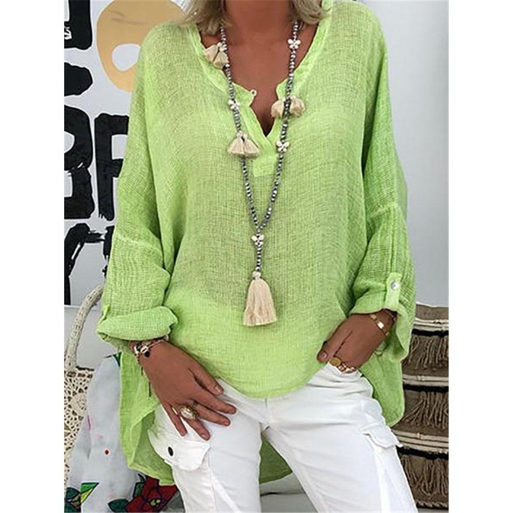 

Жіноча повсякденна блузка вільного крою шести кольорів, однотонний топ, весна-осінь, V-подібний виріз, довгий рукав XXXL зелений