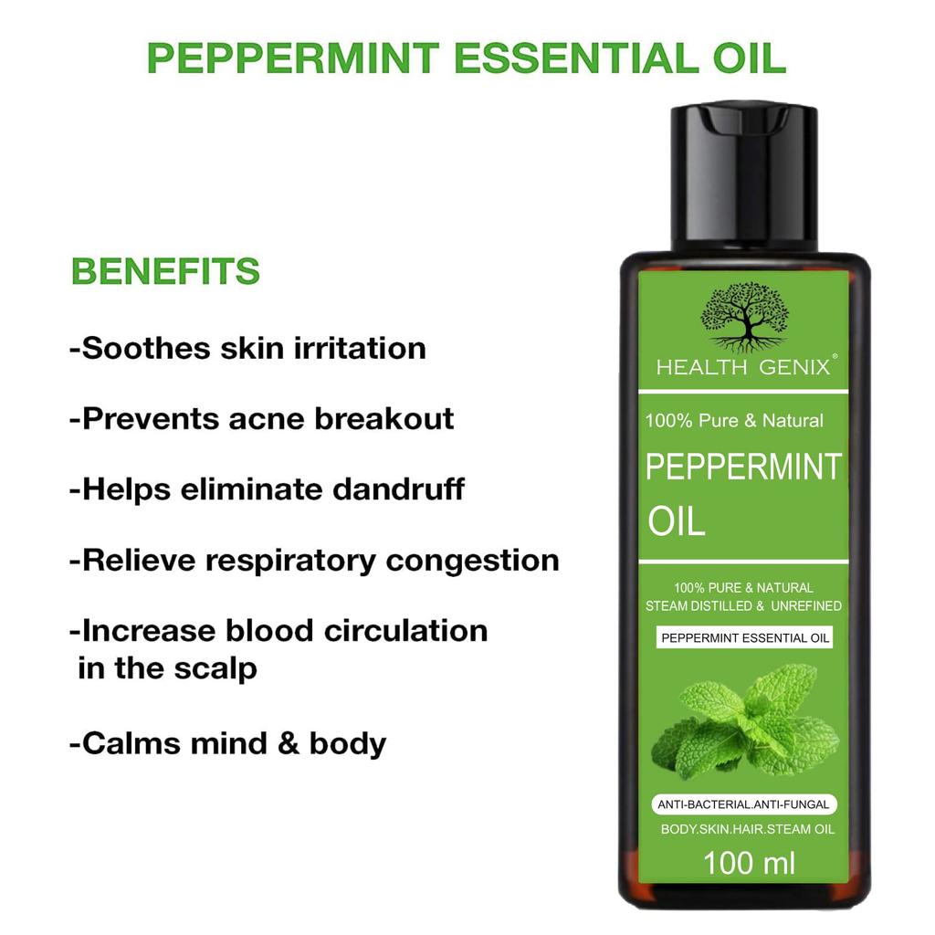 Healthgenix Pure Peppermint Essential Oil - 100ml | Free Rose Water - 60ml | Therapeutic Grade For Hair, Skin, Face, Diffuser, Aromatherapy,