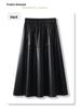 Coffee PU Leather Elastic Waist A-Line Pleated Midi Skirt - Women's 2024 Spring/Autumn Style