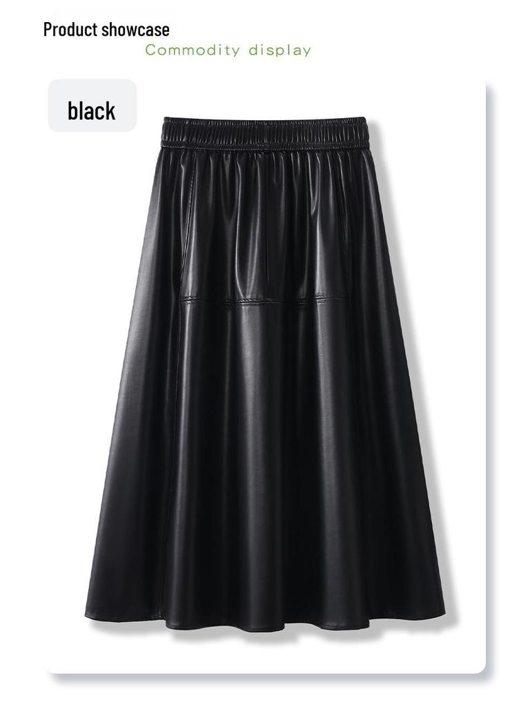 Coffee PU Leather Elastic Waist A-Line Pleated Midi Skirt - Women's 2024 Spring/Autumn Style