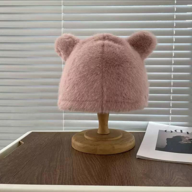 New Bear Plush Hat Female Cute Wool Warm Fluffy Big Head Circumference Knitted Cold Hat Autumn and Winter