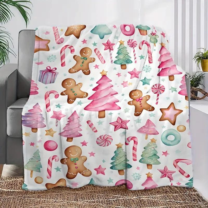 Christmas Gingerbread Man Digital-printed Polyester Bedroom Velvet Flannel Cover Blanket Fleece Soft Cover Blankets for Beds