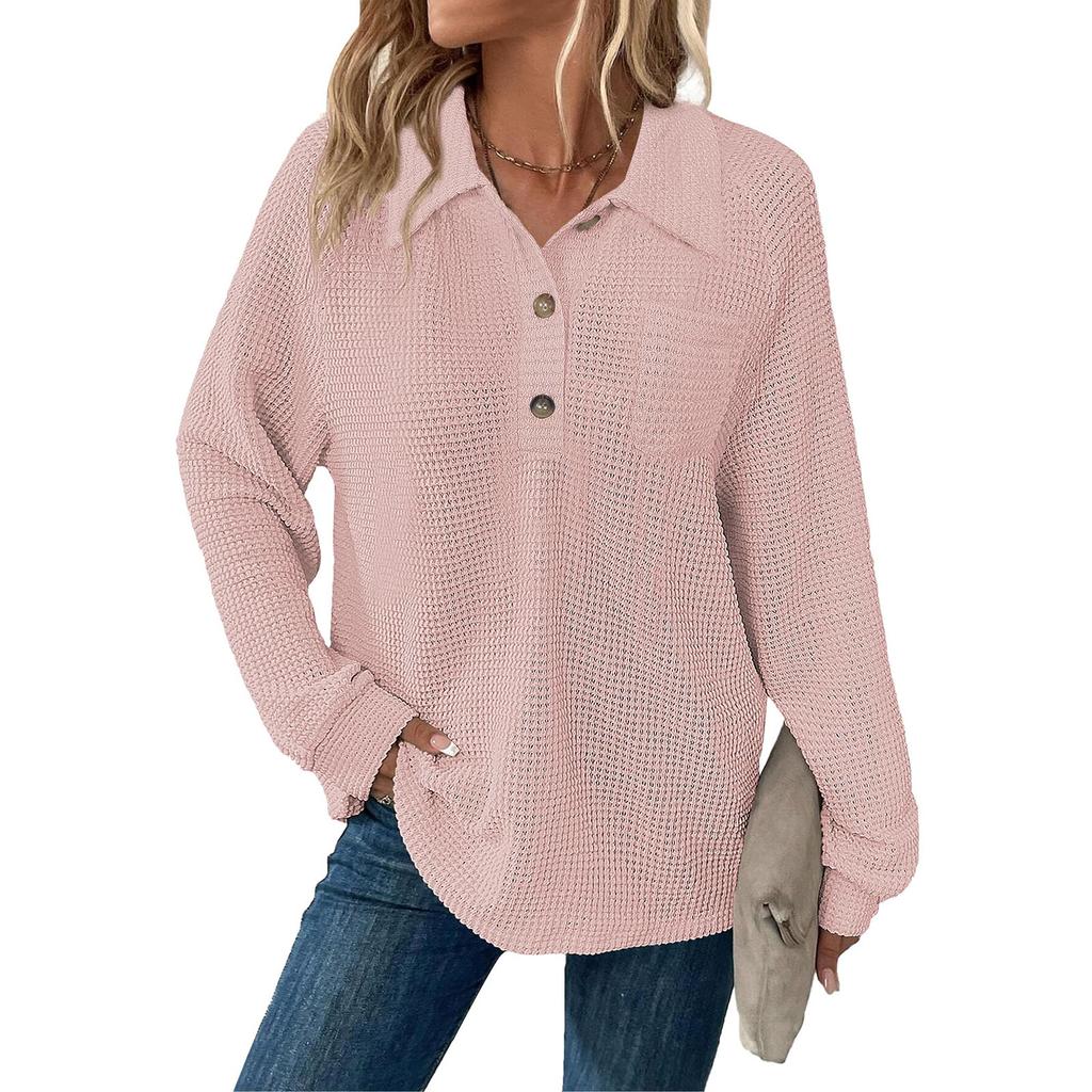 Women's Fashion Long-Sleeve Solid-Color Collared T-Shirt With Button-Up Front And Pocketed Casual Sweatshirt Top