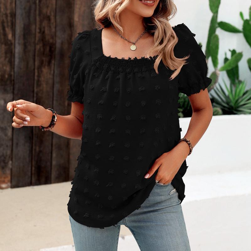 Women Summer Square Collar Short Sleeve Blouses Solid Loose Elegant Shirts Casual Streetwear Tunic Tops 2025