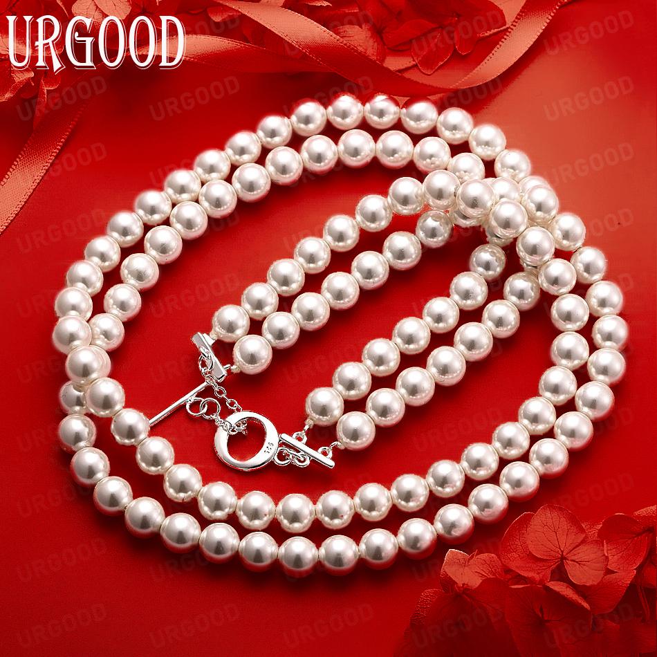 925 Sterling Silver Exquisite Polished Bead Necklace - Banquet Gift Jewelry 45CM