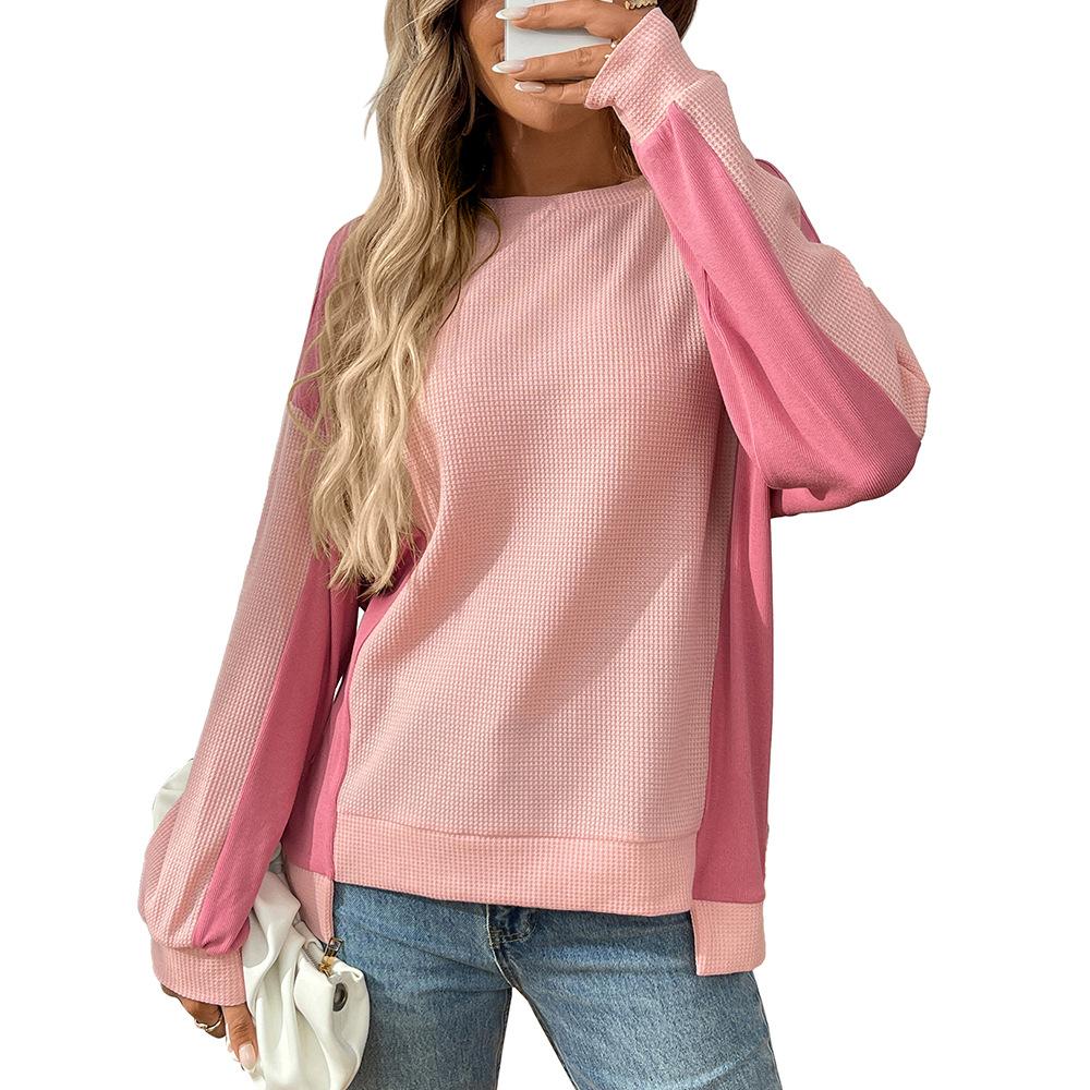 2025 Autumn New Round Neck Casual Loose Contrast Long-sleeved Waffle Top