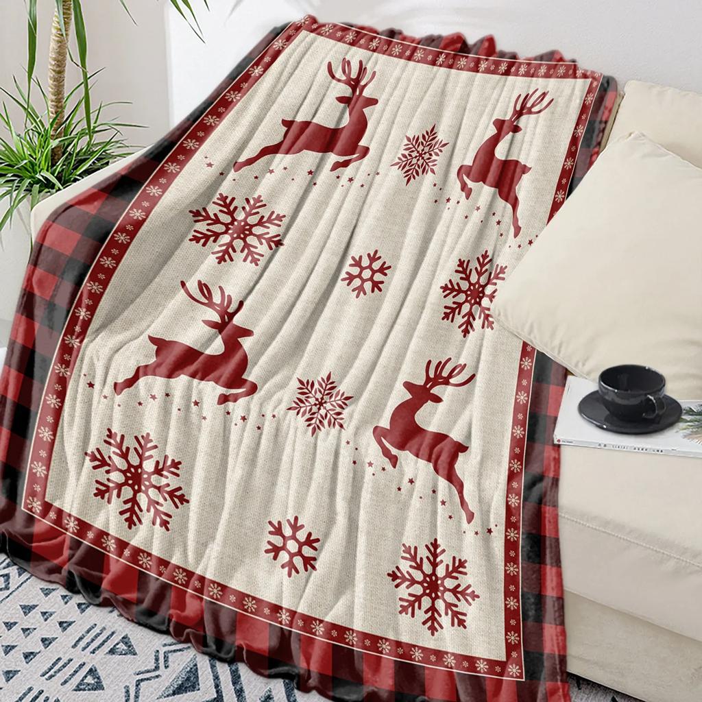 Christmas Snowflake Elk Plaid Throw Blanket for Sofa Christmas Decoration Bedspread Portable Microfiber Flannel Blanket