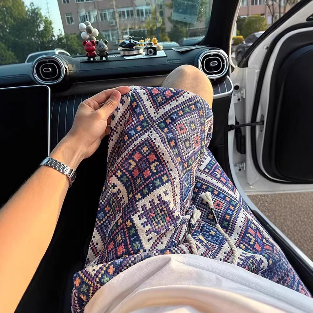 Color rhombus grid knitted jacquard shorts men's summer ethnic style American sports four-and-five pants
