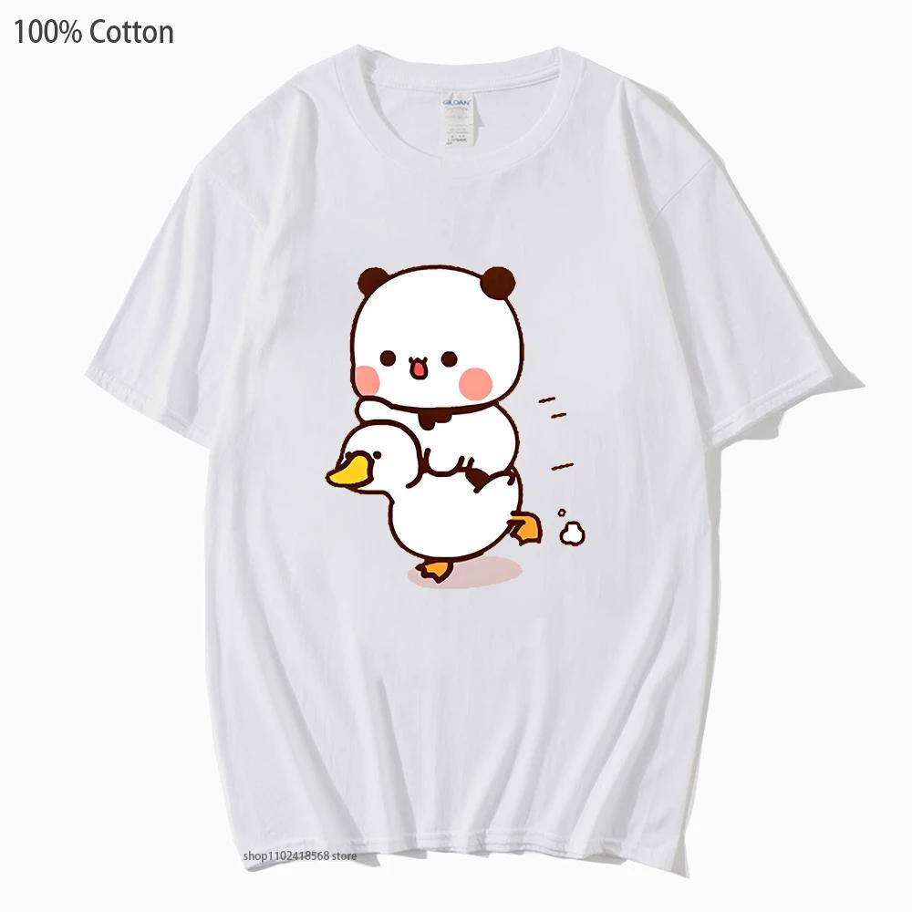 Cute Bubu and Duud Is Riding A White Duck Tshirt Panda and Brownie Bear Clothes Cotton T-Shirts for Men Women Couple