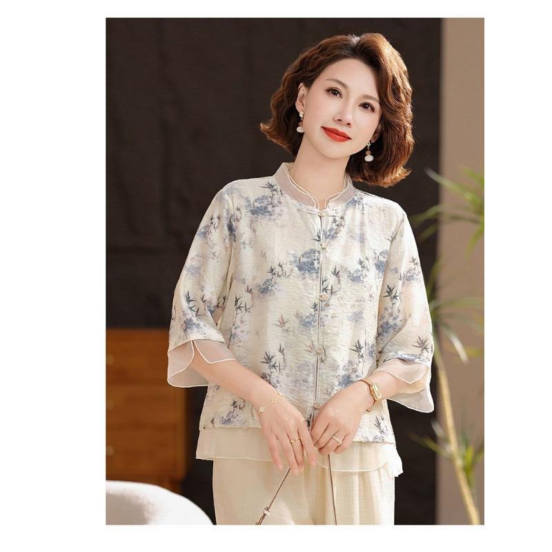 Damen Hellgrüne Geblümte Mandarin-Kragen Halbarm Chiffon Bluse Elegant Locker Täglich Sommer Top