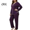Versatile Two Piece Loungewear Women's Plus Size Pajama Set, Long Sleeve Top And Pants Soft Sleep Sets for Air Conditioned Rooms with Bow, Ruffle