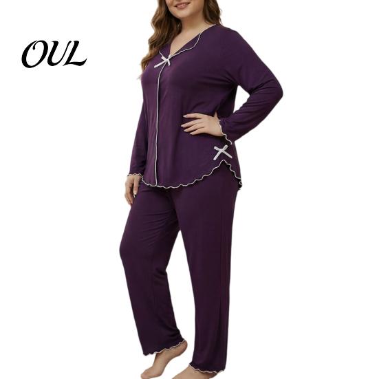 Versatile Two Piece Loungewear Women's Plus Size Pajama Set, Long Sleeve Top And Pants Soft Sleep Sets for Air Conditioned Rooms with Bow, Ruffle