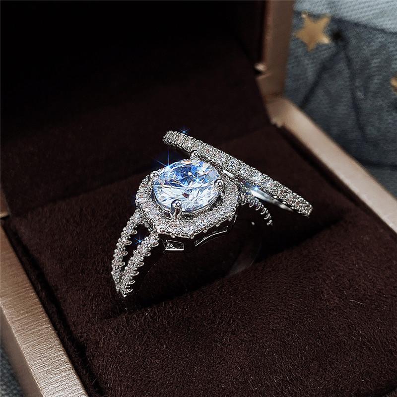 2pcs/set Aesthetic Engagement Rings Female Shiny Crystal CZ Chic Bridal Wedding Accessories Delicate Women's Jewelry Gift