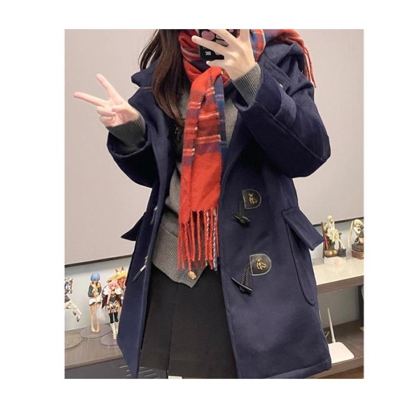 College Wind Horn Button Coat Coat Long Coat In Autumn and Winter Black Woolen Cloth