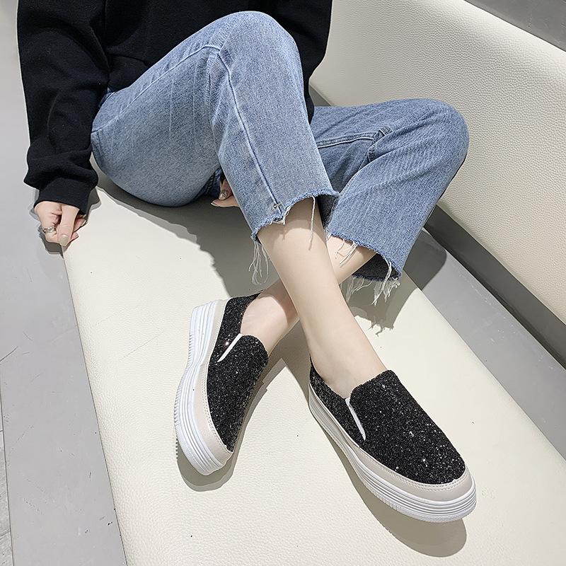 Platform Muffin Sole Women Shoes  Spring New One-Pedal Loafers Fashion Versatile Casual Shoes Trendy Design Sequins Sneakers
